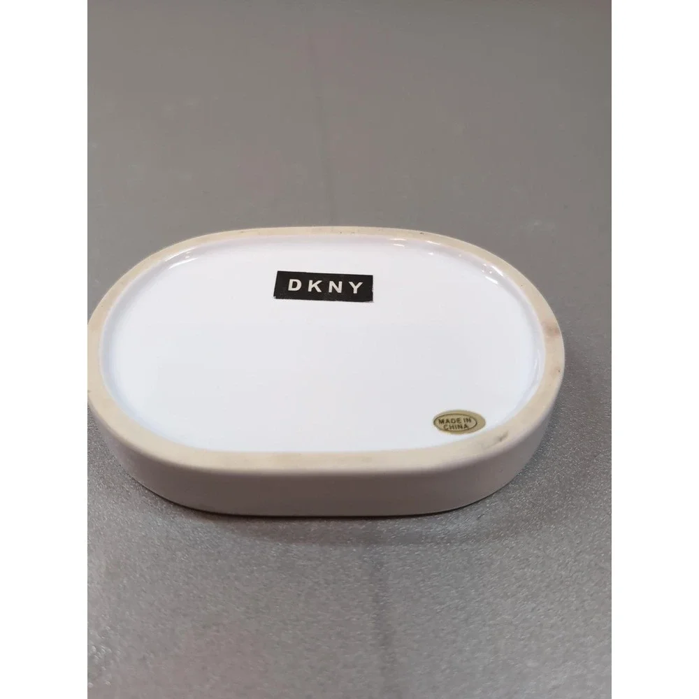 DKNY 3 Piece Ceramic Bath Set Blue Grid Soap Dispenser Toothbrush Holder Dish